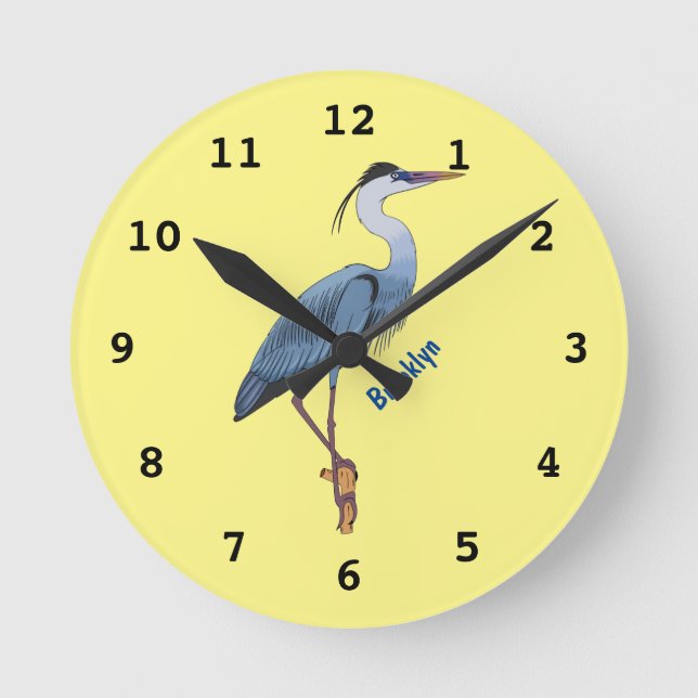 Great blue heron cartoon illustration round clock (Front)