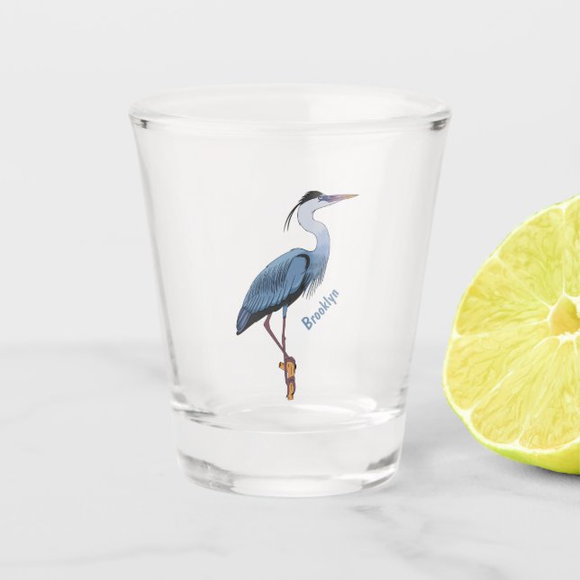 Great blue heron cartoon illustration shot glass (Front)