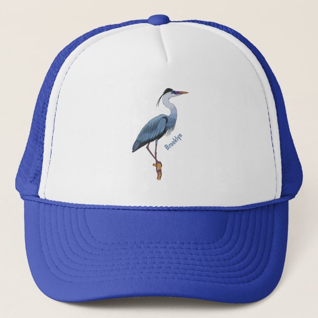 Great blue heron cartoon illustration trucker hat (Front)