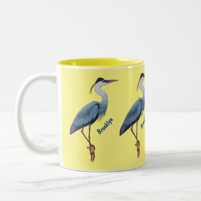Great blue heron cartoon illustration Two-Tone coffee mug (Left)