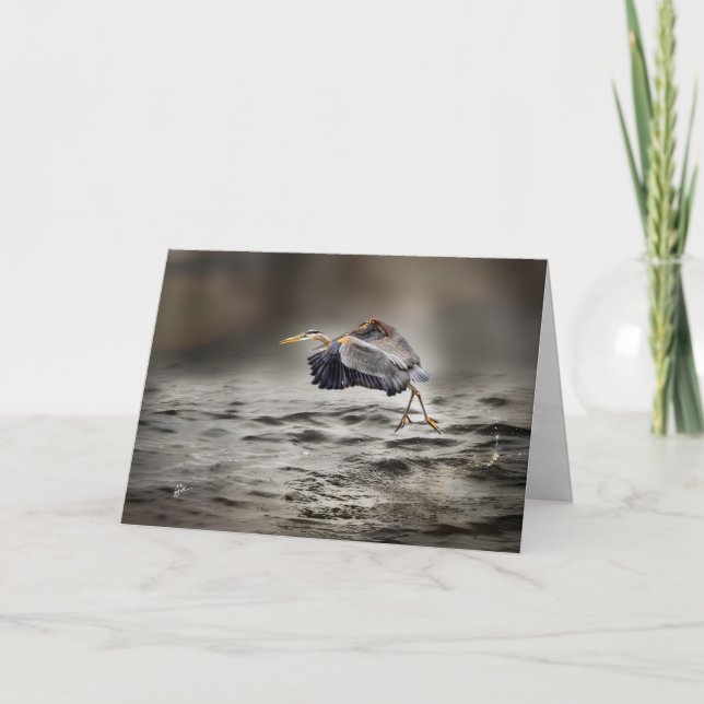 Great Blue Heron Dancing Over the Lake Blank Holiday Card (Front)
