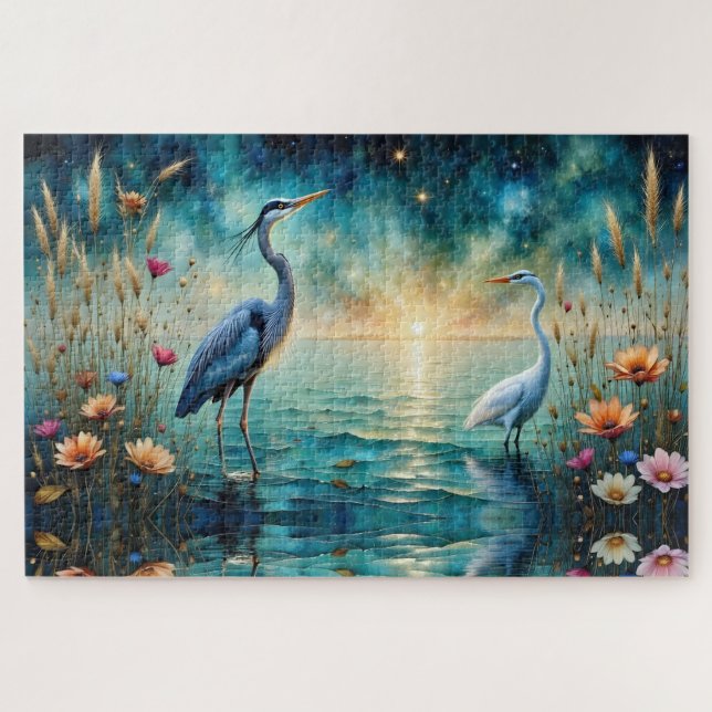 Great blue Heron & Egret flowers in water Jigsaw Puzzle (Horizontal)
