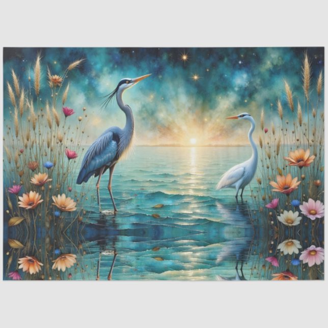 Great blue Heron & Egret flowers in water Tissue Paper (Front)