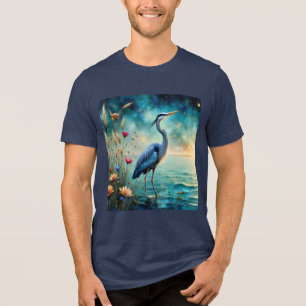 Great blue Heron & flowers in water Tri-Blend Shirt