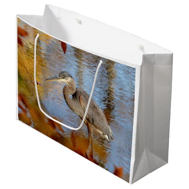 Great Blue Heron framed with fall foliage Large Gift Bag (Front Angled)