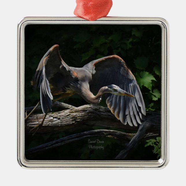 Great Blue Heron in Flight Metal Tree Decoration (Front)