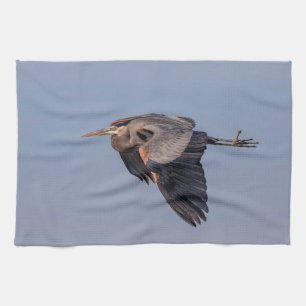Great Blue Heron in flight Tea Towel