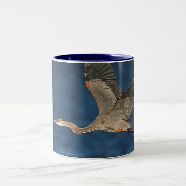 Great Blue Heron in Flight Two-Tone Coffee Mug (Center)