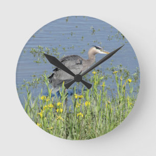 Great Blue Heron in River. Round Clock