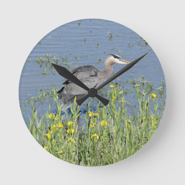 Great Blue Heron in River. Round Clock (Front)