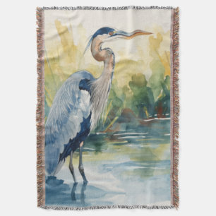 Great Blue Heron Lake Watercolors Throw Blanket