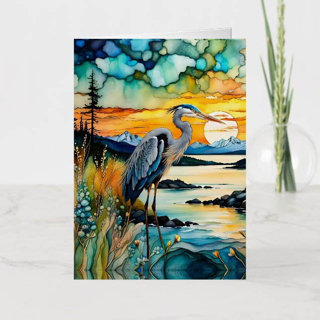 Great blue Heron Mountain sunrise Foil Greeting Card (Front)