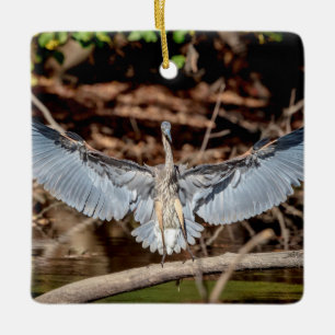 Great Blue Heron on a log Ceramic Ornament