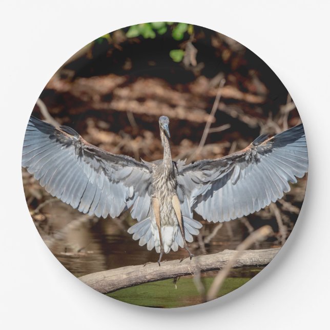 Great Blue Heron on a log Paper Plate (Front)