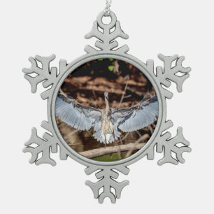 Great Blue Heron on a log Snowflake Pewter Christmas Ornament