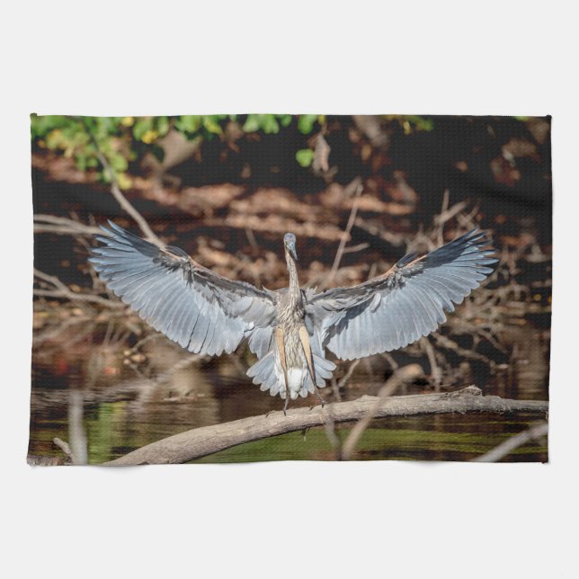 Great Blue Heron on a log Tea Towel (Horizontal)