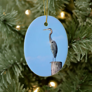 Great Blue Heron on Post  Ceramic Tree Decoration