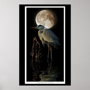 Great Blue Heron, Reeds & Moon Nature Art Print