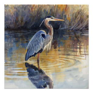 Great Blue Heron River Watercolors Poster