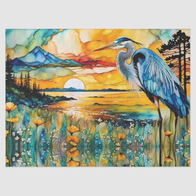 Great Blue Heron Sunset Wildflowers Landscape Tissue Paper (Front)