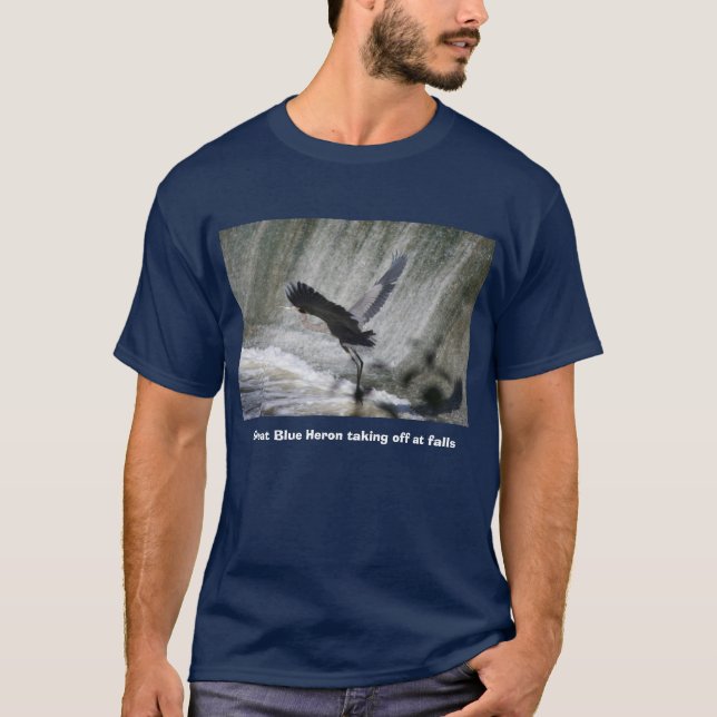 Great Blue Heron taking off at falls T-Shirt (Front)