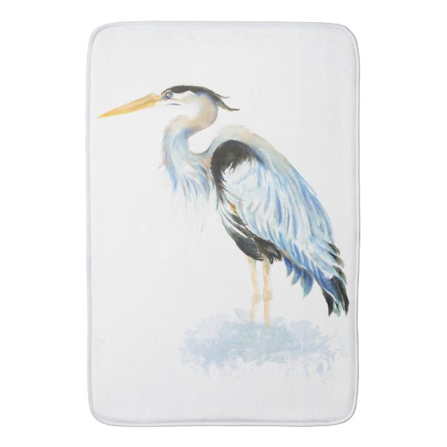 Great Blue Heron Watercolor Bird Art Bath Mat (Front Vertical)