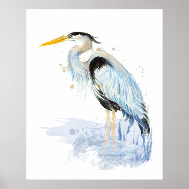 Great Blue Heron Watercolor Bird Art Poster (Front)