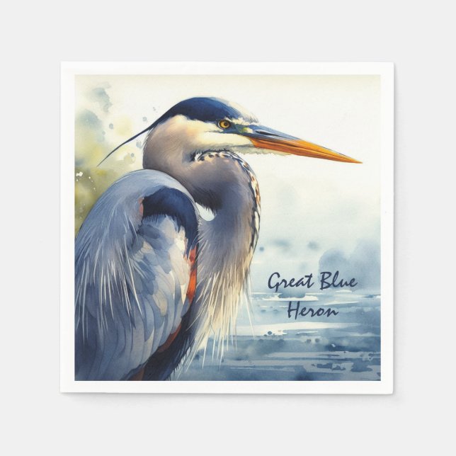 Great Blue Heron Watercolor Bird Art   Wetlands Napkin (Front)