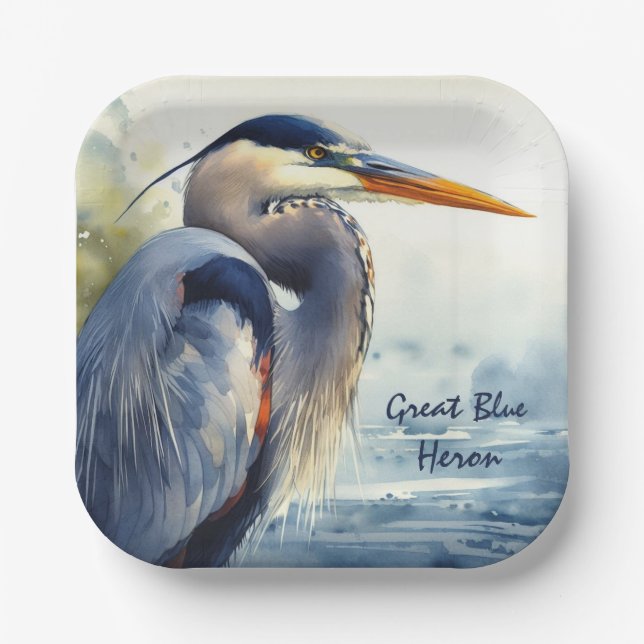 Great Blue Heron Watercolor Bird Art   Wetlands Paper Plate (Front)