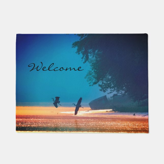 Great Blue Herons Take Flight -Blue welcome Doormat (Front)