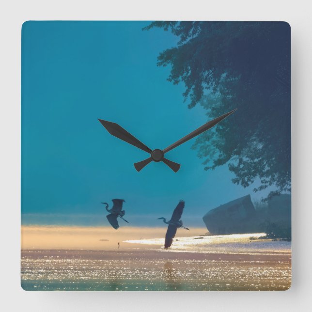 Great Blue Herons Take Flight -Teal Square Wall Clock (Front)