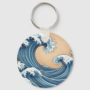 Great Blue Ocean Waves Japanese Style Key Ring
