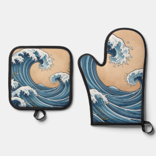 Great Blue Ocean Waves Japanese Style  Oven Mitt & Pot Holder Set