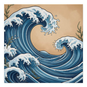 Great Blue Ocean Waves Japanese Style Poster