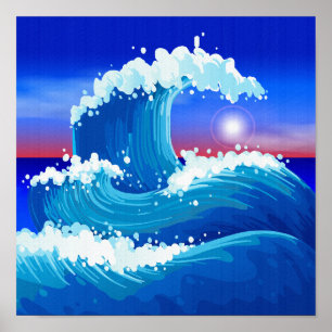 Great Blue Wave Art Drawing Poster