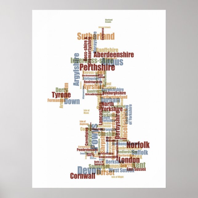 Great Britain UK County Text Map Poster (Front)