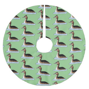 Great crested grebe bird cartoon illustration brushed polyester tree skirt