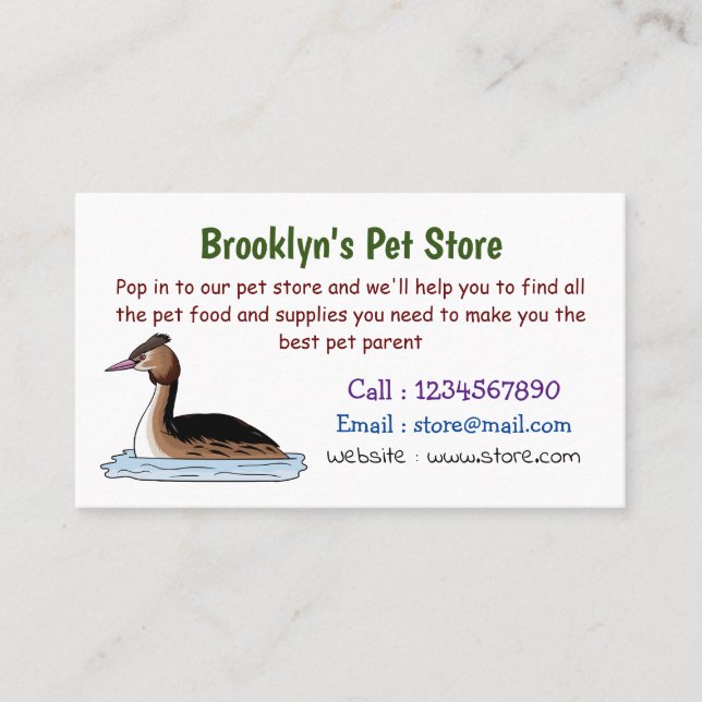 Great crested grebe bird cartoon illustration  business card (Front)