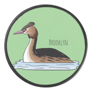 Great crested grebe bird cartoon illustration hockey puck