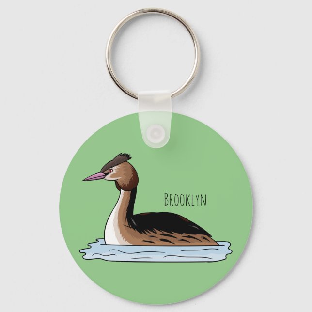 Great crested grebe bird cartoon illustration key ring (Front)