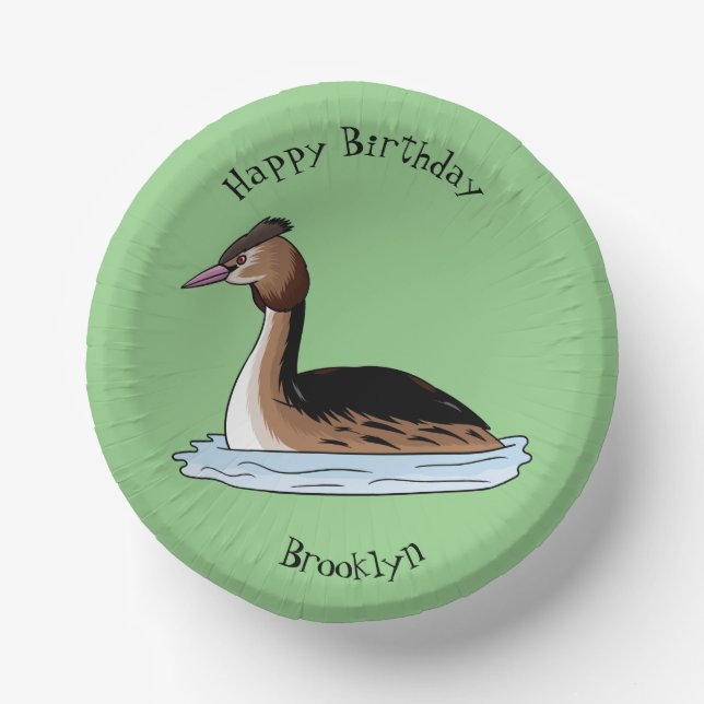 Great crested grebe bird cartoon illustration  paper plate (Front)