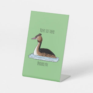 Great crested grebe bird cartoon illustration pedestal sign