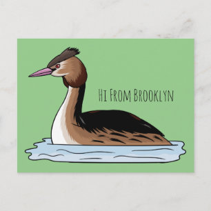 Great crested grebe bird cartoon illustration  postcard