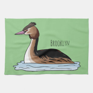 Great crested grebe bird cartoon illustration tea towel