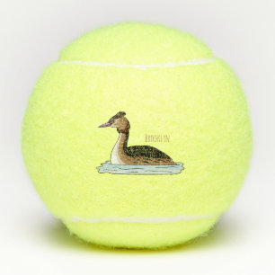 Great crested grebe bird cartoon illustration  tennis balls