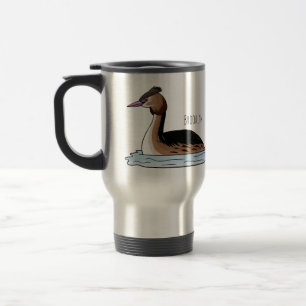 Great crested grebe bird cartoon illustration travel mug