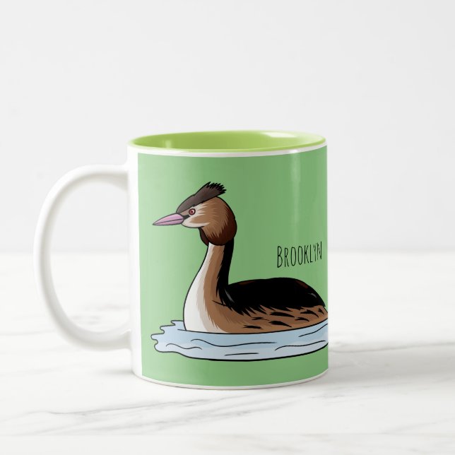 Great crested grebe bird cartoon illustration Two-Tone coffee mug (Left)