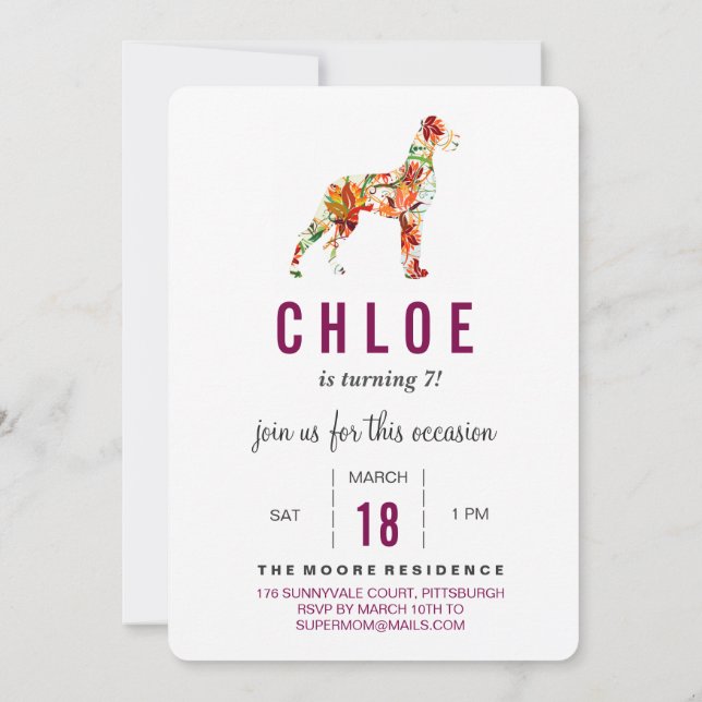 Great Dane Birthday Invitation Burgundy  (Back)