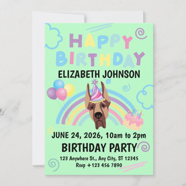 Great Dane Birthday Invitation in Green (Front)