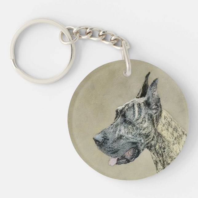Great Dane (Brindle) Painting - Original Dog Art Key Ring (Front)